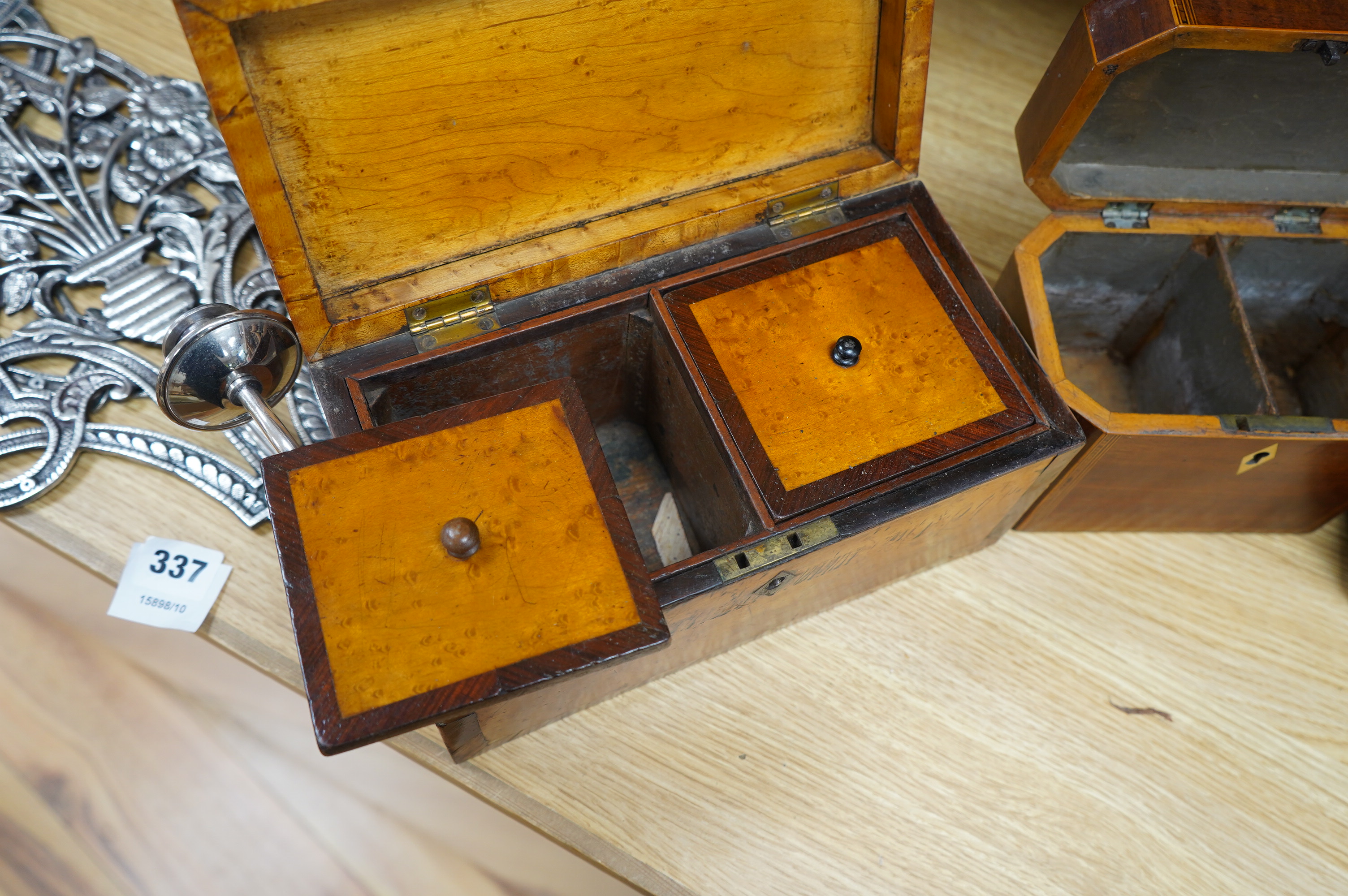 A 19th century mahogany work box and two tea caddies, largest work box 29cm wide, 20cm deep (3). Condition - poor to fair